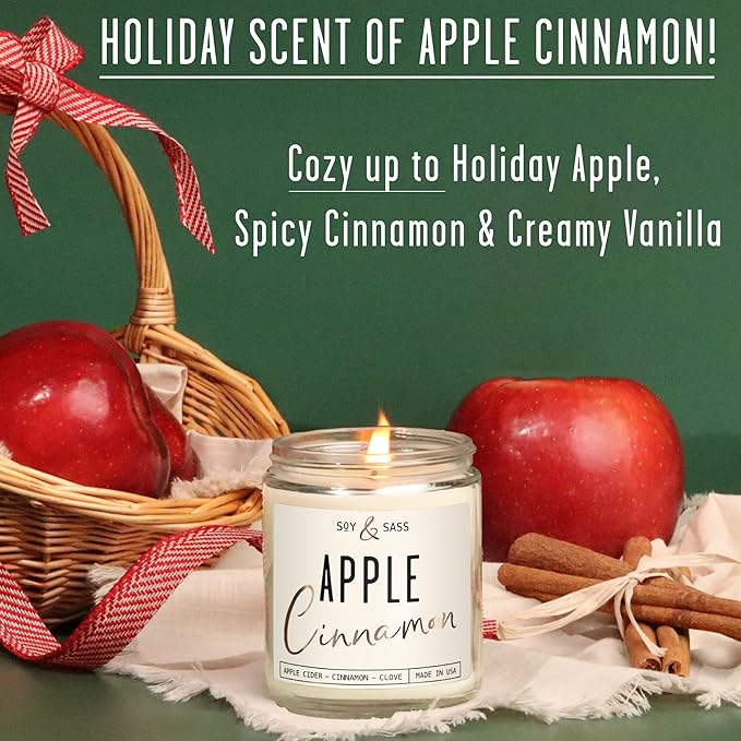 Apple Cinnamon Candles, Cinnamon Apple Candle - 'Apple Cinnamon' Infused w/Essential Oils I Scented Strong Soy Candles for Home for Christmas/Fall I Apple Pie Candle I 50Hr Burn, Made in USA