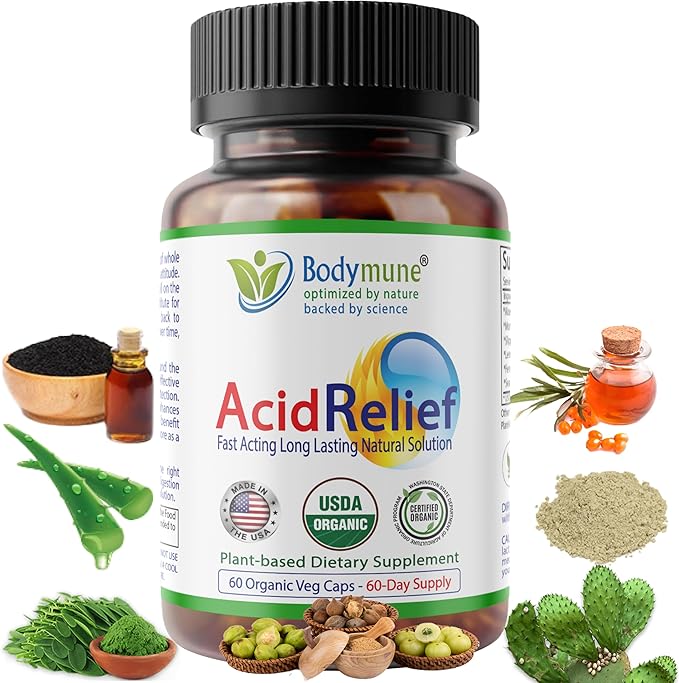 AcidRelief Acid Tamer | Promotes Stomach Comfort & Digestive Wellness* | Organic Herbal Blend for Gut Health* | Made in USA, USDA Organic, Vegan, Non-GMO, Gluten-Free | 60 Capsules