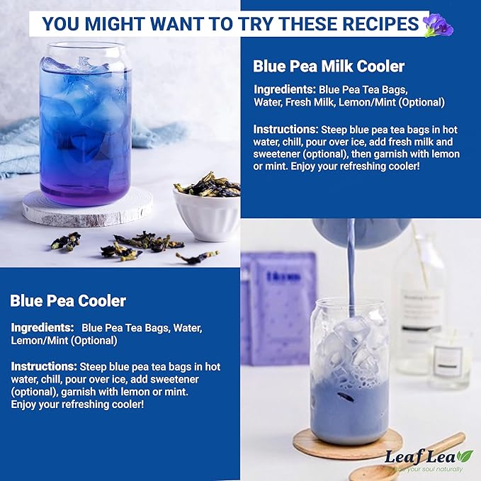 LeafLea 80 Butterfly Pea Flower Tea Bags, Natural Herbal Tea for Blue and Purple Drinks, Mocktails, and Food Coloring, Caffeine-Free, Sugar-Free, Non-GMO, Pack of 2
