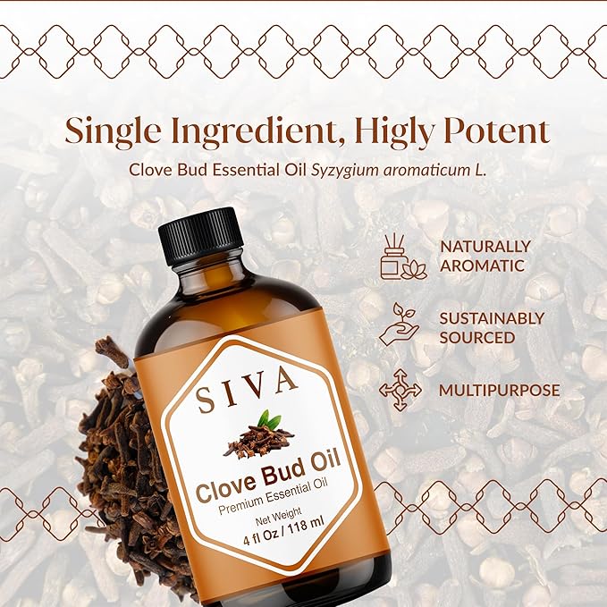 Siva Clove Bud Essential Oil - 4 Fl Oz – 100% Natural Clove Oil - for Diffuser, Face, Skin Care, Aromatherapy, Hair Care, Scalp and Body Massage - with Dropper