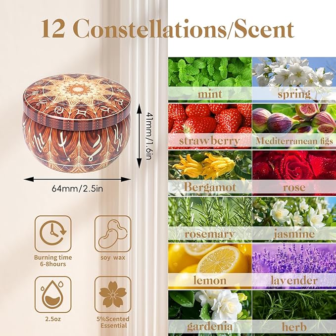 12 Constellation Scented Candles Gift Sets | Soy Wax Travel Tins Candles with Essential Oils |12 Scents Aromatherapy Relaxation Jar Candles for Home | Birthday, Candle Gift Sets for Women/Men