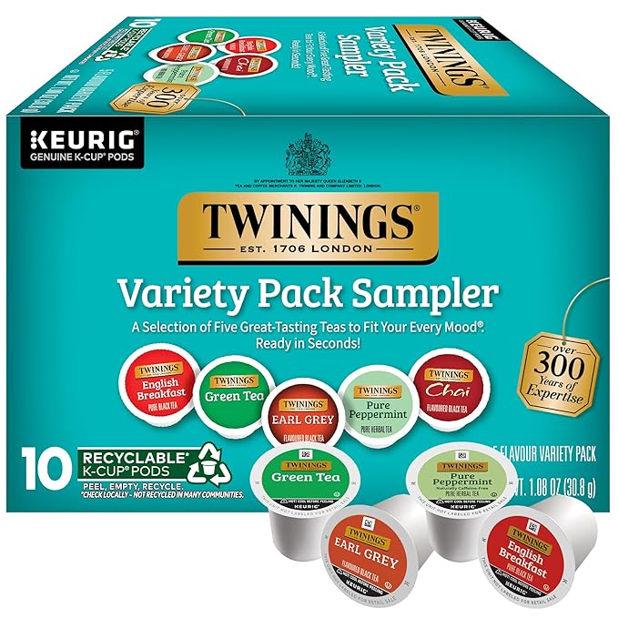 Twinings K-Cup Pods Variety Pack, Includes English Breakfast, Earl Grey, Chai, Green, and Peppermint for Keurig and Single Cup Brewers, 10 Count (Pack of 1), Enjoy Hot or Iced