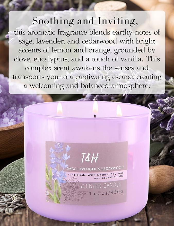 Sage Lavender Cedarwood 3 Wick Scented Soy Candle, 15.8 oz - Aromatherapy Stress Relief Candle - Clean Burning, Long Lasting, Earthy Scented Candle for Home, Men & Women