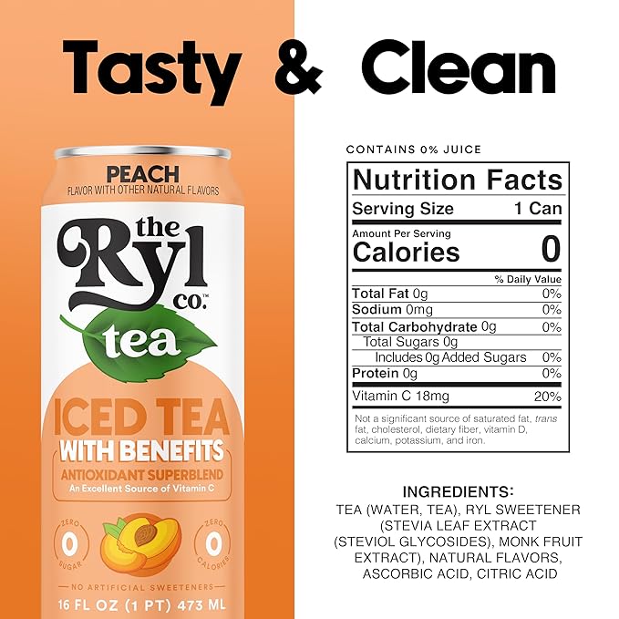 Ryl Iced Tea, Peach, Antioxidant Superblend, Zero Sugar, Low Carb, Zero Calorie Iced Tea, 16.0 Fl Oz (12-Pack)