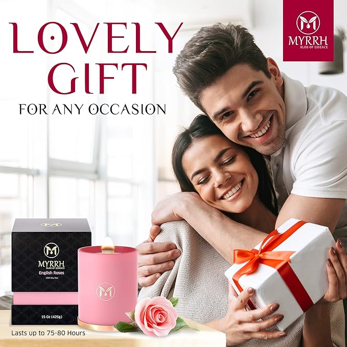 MyrrhUSA Rose Scented Candle – 15 oz Natural Soy Wax with Crackling Wooden Wick & Essential Oils | 80 Hour Burn | Luxury Aromatherapy Candle for Relaxation, Home Décor, Living Room & Bathroom
