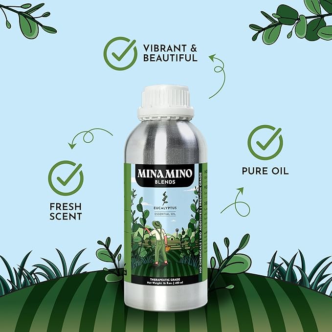 16 fl oz - Eucalyptus Essential Oil (100% Pure & Natural) Large Aluminum Bottle for Aromatherapy, Diffuser, Candle & Soap Making - Minamino Blends