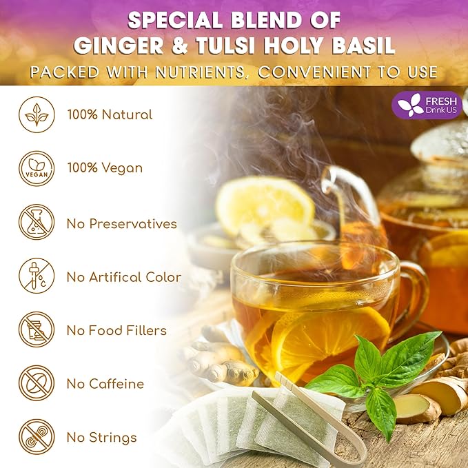 FreshDrinkUS, Premium 75 Ginger Tulsi Tea Bags, 100% Natural, Hand-made Blend of Ginger and Tulsi Holy Basil Leaves, Eco-conscious Tea Bags. Herbal Tea. No Sugar, No Caffeine, Vegan.