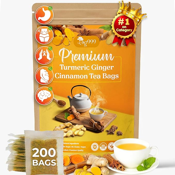 TOG999, 200 Turmeric, Ginger, Cinnamon Tea Bags, 100% Natural, Hand-made Blend of Turmeric, Ginger, and Cinnamon. Eco-conscious Tea Bags. No Sugar, No Caffeine, No Gluten, Vegan.