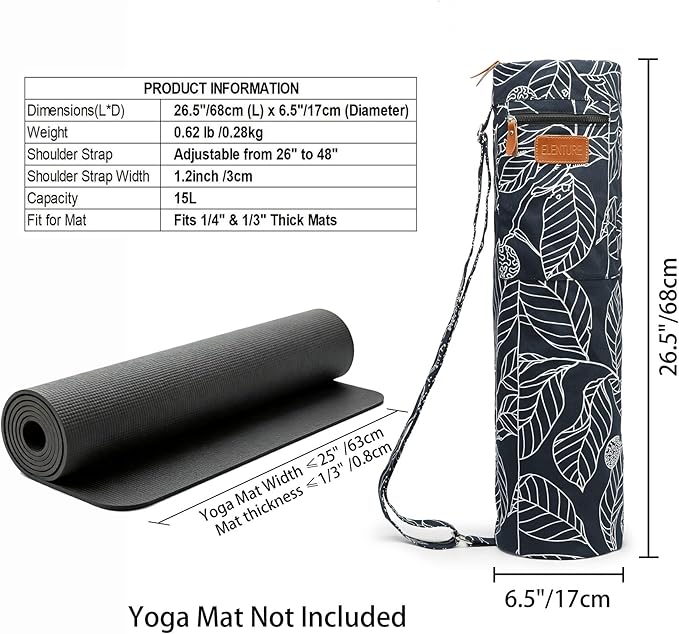 ELENTURE Canvas Yoga Mat Bag with Adjustable Strap & Pockets, Full-Zip Travel Gym Tote for Women & Men, Fits 1/4" & 1/3" Thick Mats, Lightweight Carrier for Yoga, Workout, Outdoor Use