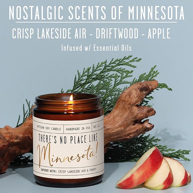 Minnesota Gifts, Minnesota Decor for Home - 'There's No Place Like Minnesota Candle, w/Crisp Lakeside Air & Forest I Minnesota Souvenirs I Minnesota State Gifts I 9oz Jar, 50Hr Burn, USA Made