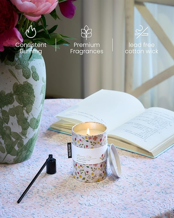 M&SENSE Blooming Tulip Scented Candle, Medium Jar Candle 11.3oz Natural Soy Wax for Home Scented, Floral Candles Gift for Spring Holiday, Up to 70 Hours Burning Long-Lasting Fragrance