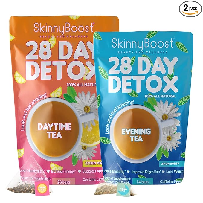 Skinny Boost Detox Tea Kit- 2 PACK –1 Daytime (28 Bags) + 1 Evening -(14 Bags) – Herbal Detox for Weight, Metabolism, Energy, Bloating & Colon Cleanse – Green Tea, Vegan, Keto, Non-GMO, Sugar-Free