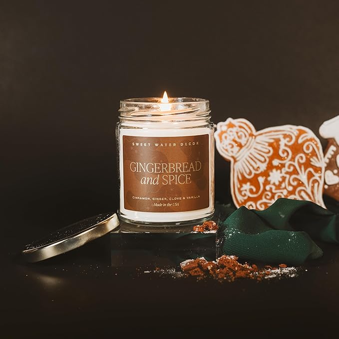 Sweet Water Decor Gingerbread and Spice Candle - Orange, Lemon, and Gingerbread Soy Christmas Candles - Gold Foil Pattern 9oz Clear Jar, 40 Hour Burn Time, Made in The USA