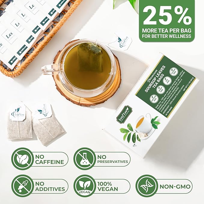 LeafLea 40 Premium Soursop Leaf Tea Bags, Pure & Natural Sour Sop Leaves, Graviola Leaves Tea, Hoja Guanabana Tea, Natural Digestion Support Herbal Tea Bags, Nutrient-Rich, No Sugar, No Caffeine