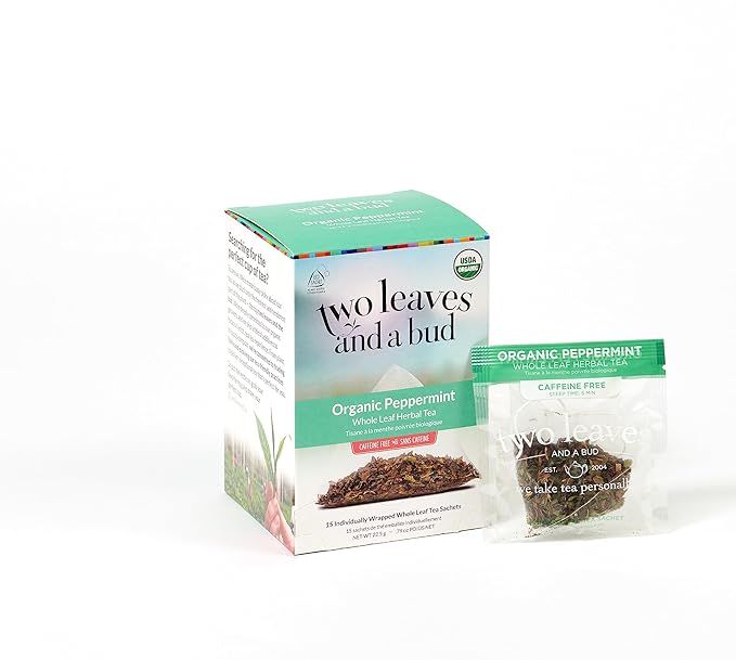 Two Leaves and a Bud Organic Peppermint Tea Bags, Naturally Caffeine Free, Herbal Whole Leaf Peppermint Tea in Compostable Sachets, 15 Count (Pack of 1)