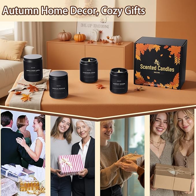 Fall & Winter Holiday Candle Set – 4-Pack Cozy Soy Candles with Pumpkin Vanilla, Cinnamon Apple, Harvest Season & Maple Syrup Latte – Warm Seasonal Christmas & Birthday Gifts