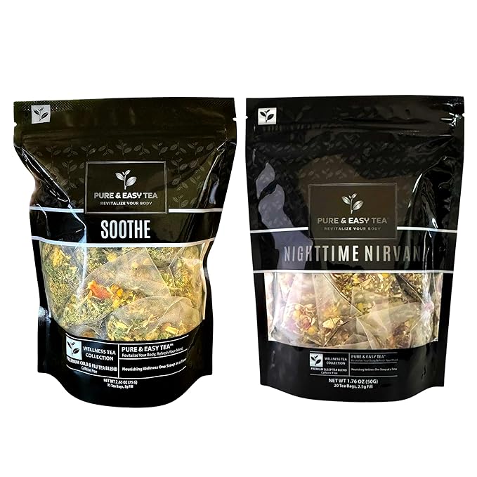 Pure And Easy Tea, Wellness Herbal Tea Bundle, Soothe & Nighttime Nirvana, 100% Natural Premium Handcrafted Tea Blends, Caffeine-Free, 35 Teabags, 125g/4.4oz
