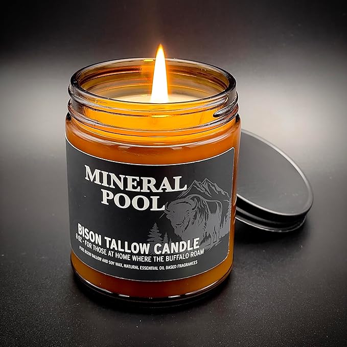 Big Crazy Buffalo Pure Bison Tallow Scented Candle, Mineral Pool, 8 oz - Scents of Himalayan Sea Salt, Moss, & Freesia - Pure, Low Smoke, Beeswax, Traditional Tallow, Glass Jar
