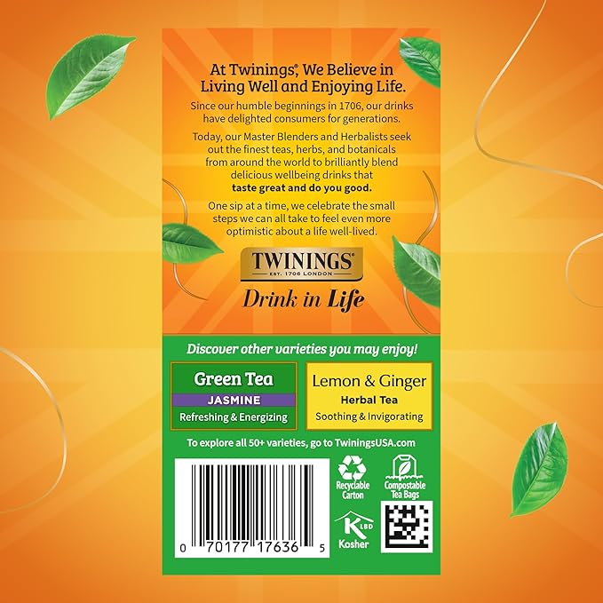 Twinings Pure Green Tea Individually Wrapped Bags, 20 Count (Pack of 6), Smooth Flavour, Enticing Aroma, Caffeinated, Enjoy Hot or Iced, 120 Teabags