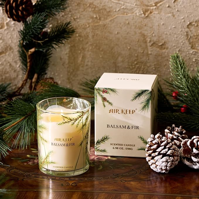 Airkeep Candle Balsam & Fir Scented Candle,Classic 6.98 oz Jar Single Wick,About 44 Hours of Burn Time, Ideal Holiday Gift,Fall Fragrance