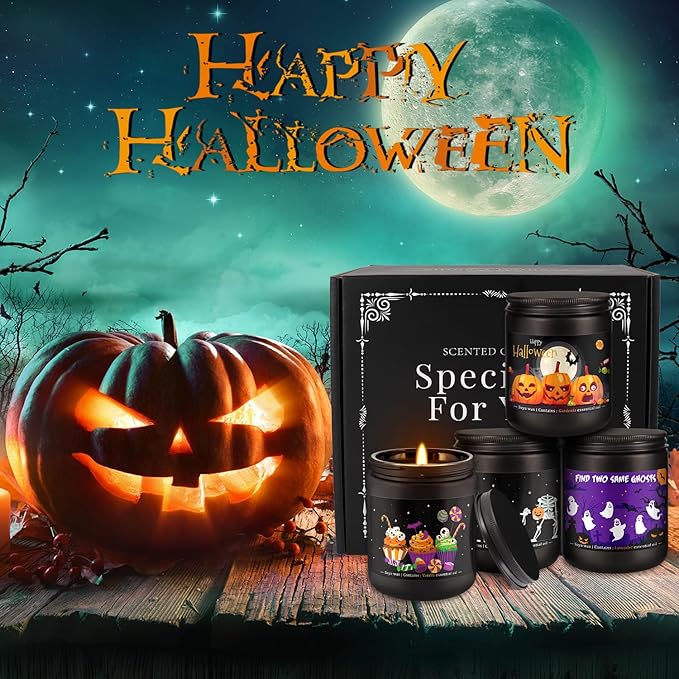 Halloween Scented Candles Set, 4 Pack (7oz Each) Soy Wax Candles with Pumpkin, Ghost, Skeleton Designs, Perfect for Halloween Decor, Gifts and Aromatherapy.
