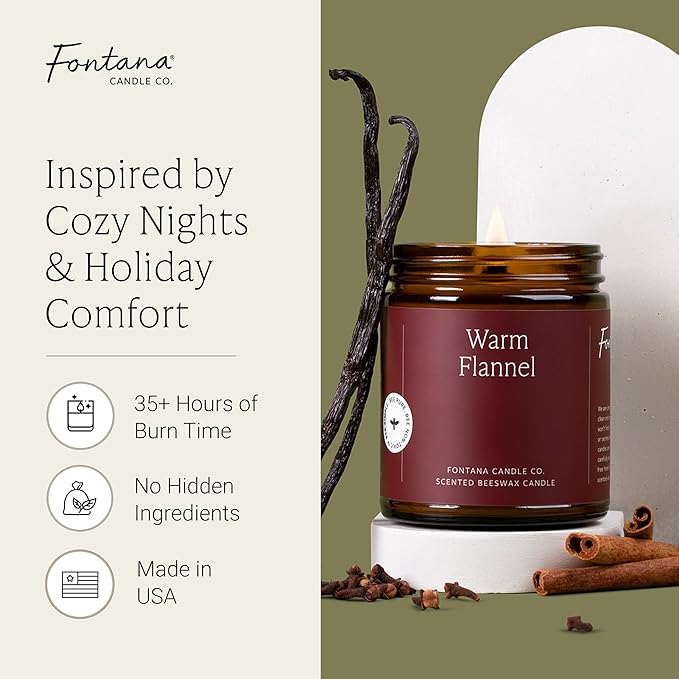 Fontana Candle Co Wood Wick Beeswax Jar Candle, Warm Flannel – Made Safe with Coconut Oil & Pure Essential Oils – 35+ Hrs Clean Burn, Long Lasting and Non-Toxic Candles for Home & Room Decor