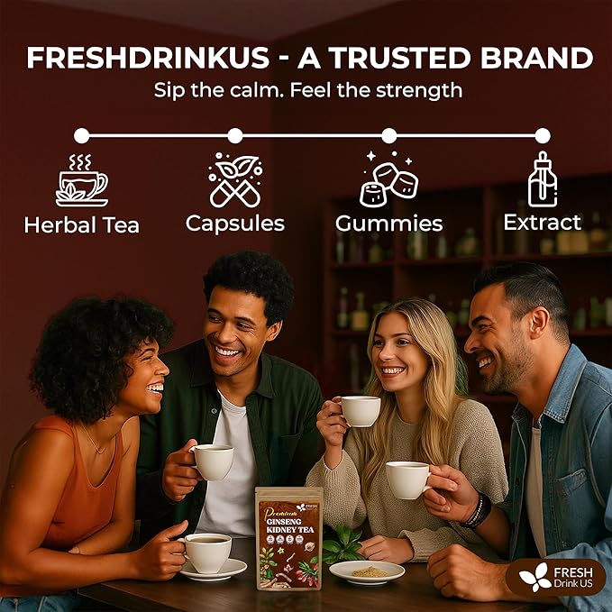 FreshDrinkUS, Ginseng 6 Treasures Kidney Tea, 30 Packs Of Super Kidney Cleanse Detox Tea For Men & Women, 100% Natural Roots & Berries | Caffeine-Free | Adaptogenic Blend for Energy, Wellness & Vitality Support