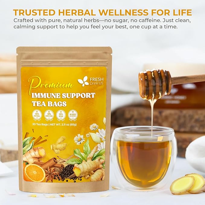 FreshDrinkUS, Premium 30 Tea Bags Immune Support Herbal Tea, Ginger, Cinnamon, Chamomile, Licorice Root, Black Pepper and Orange Peel – 100% Natural, Caffeine-Free, Vegan
