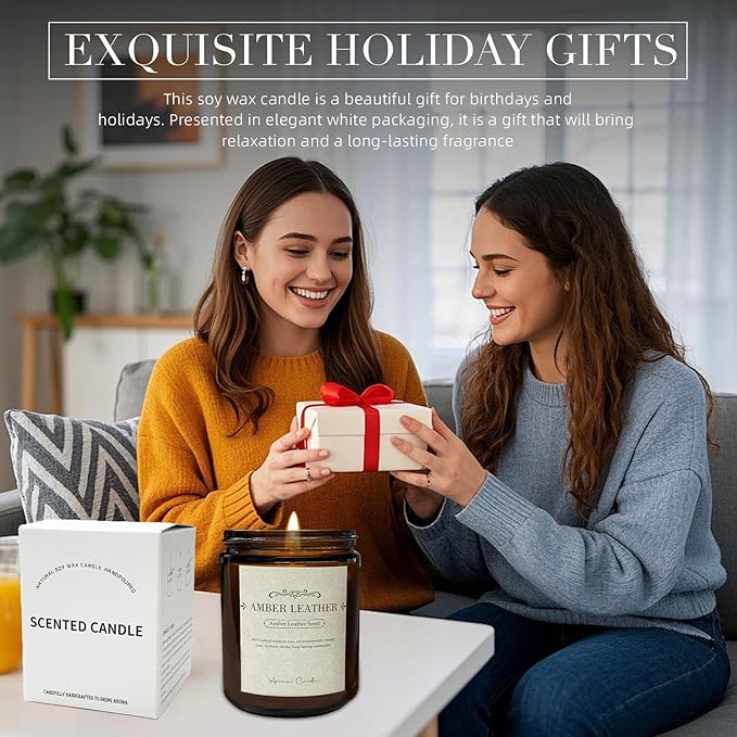 Leather Amber Candle-100% Natural Soy Wax - Natural Fragrance Technology - Non Toxic-Up to 50 Hours Burning Time - Aromatherapy Gift for Men and Women