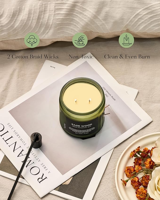 M&SENSE Sage Wood Scented Candle, 11.6oz 70 Hours Long Lasting Clean Non Toxic All Natural Soy Wax Candle for Relaxing & Stress Relief, 2 Wick Home Fragrance Gifts for Home Decor