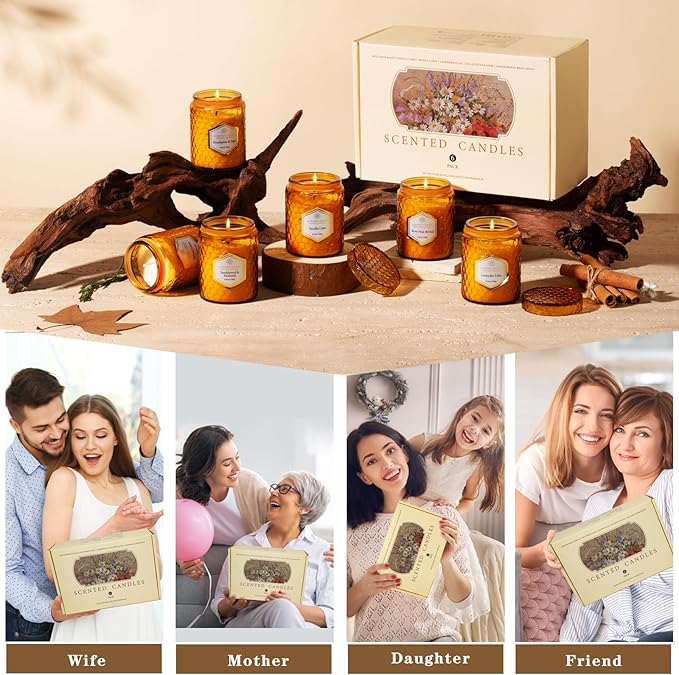 6 Pack Natural Soy Wax Jar Candles for Home, Scented Aromatherapy Gift Set for Women, 33 oz 240 Hour Long Lasting, for Birthday, Valentine's Day, Amber