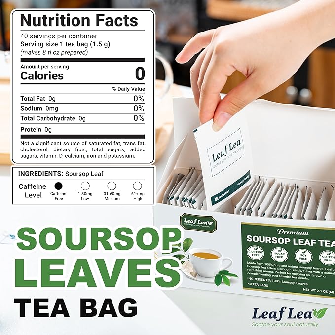 LeafLea 80 Soursop Leaf Tea Bags, from Natural Soursop Leaves (Graviola), Herbal Blend for Wellness, Sour Sop Herbal Tea Individually Wrapped for Freshness, Caffeine-Free, Vegan, No Sugar, Non-GMO