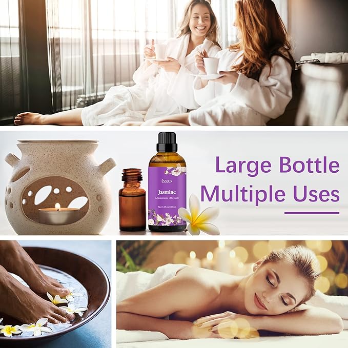 Jasmine Essential Oil 100ml (3.3 Fl Oz), ESSLUX Aromatherapy Essential Oils for Diffuser, Massage, Soap, Candle Making, Home Fragrance