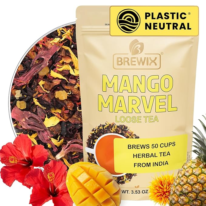 BREWIX, Mango Marvel Herbal Loose Tea (50+ Cups) | Made with Hibiscus, Mango, Pineapple, Orange Peel, Strawberry | Non-Caffeinated | Make Hot or Iced | Resealable Pouch