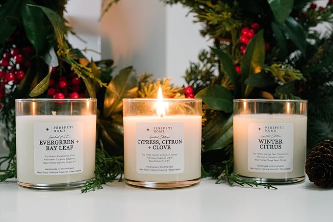 PERIPETI Home Cypress, Citron + Clove Scented Candle – 8.5oz Classic Wick, Natural Soy Wax, Long-Lasting Burn for Cozy Holiday Aromatherapy
