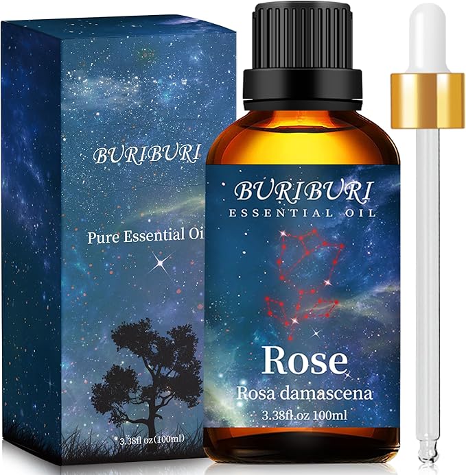BURIBURI Rose Essential Oil 100ML Gifts Set 100% Pure Natural Undiluted Aromatherapy Rose Oil 3.38fl.oz for Soap, Candle Making, Massage, Diffuser, Humidifier