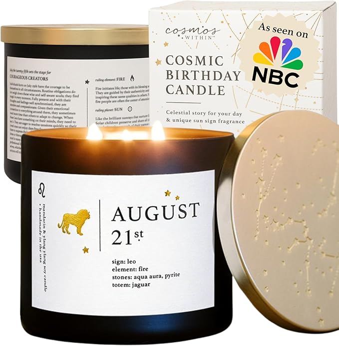 August 21st Personalized Zodiac Candle | Inspirational Astrology Reading and Daily Affirmation for Your Birthdate | Handmade Leo Candles | Astrology Birthday Gifts for Women