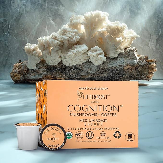 Lifeboost Cognition Mushroom Coffee Pods – Organic Low Acid K-Cups with Lion’s Mane & Chaga Adaptogens – Nootropic Coffee for Energy, Focus & Immune Support – 10 Count