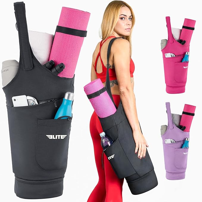 Elite Yoga Mat Bag for Women & Men, Yoga Gym Bag with Wet Pocket, Bottle & Zipper Pockets, Yoga Workout Essentials Carrier Yoga Bag with Mat Straps, Adjustable Shoulder Straps Carry on Sports Bag