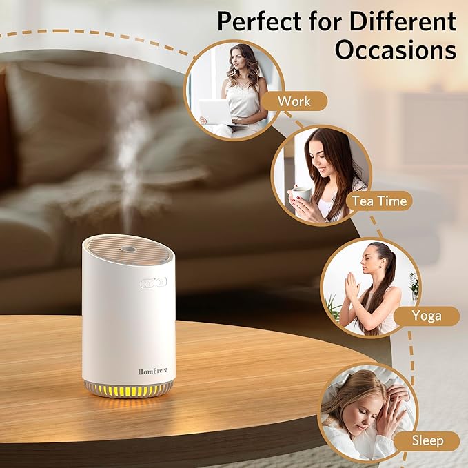 Portable Aromatherapy Diffuser 320ml, Rechargeable Essential Oil Diffuser with LED Light, Cool Mist Humidifier with 2 Mist Modes, Auto Shut-Off, Cordless Use for Home, Office, Bedroom - White