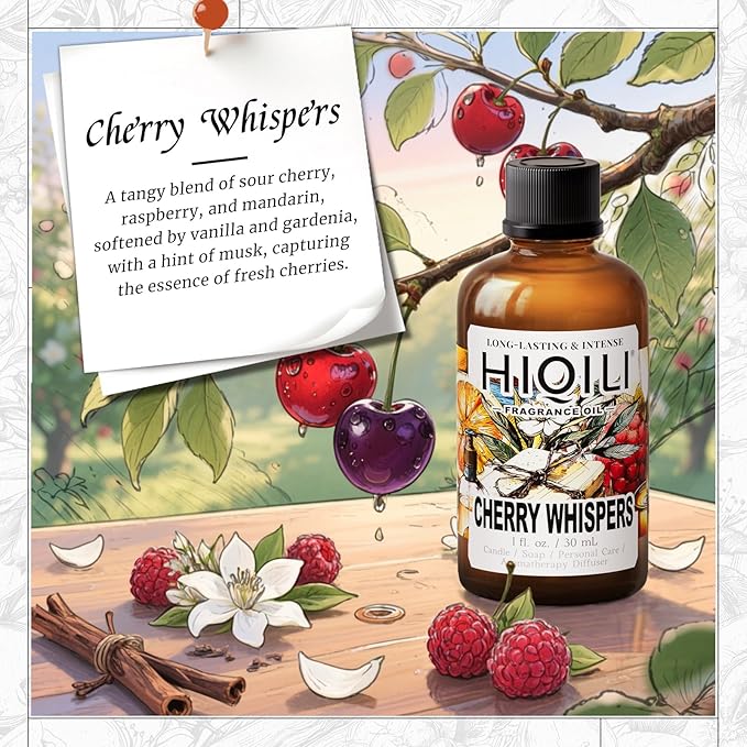 HIQILI Cherry Whispers‌ Fragrance Oil for Soap, Candle Making, Inspired by E.scd Cherry in-t.Air, Wool Dryer Balls, Home Luxury Scents for Laundry & Bathroom Use - 1 Fl Oz