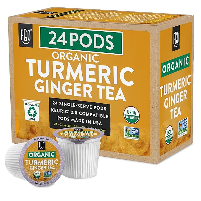 Organic Turmeric Ginger Tea K-Cup Pods, 24 Pods by FGO - Compatible with Keurig - Naturally Caffeine-Free Herbal Tea, Premium Green Tea is USDA Organic, Non-GMO, & Recyclable