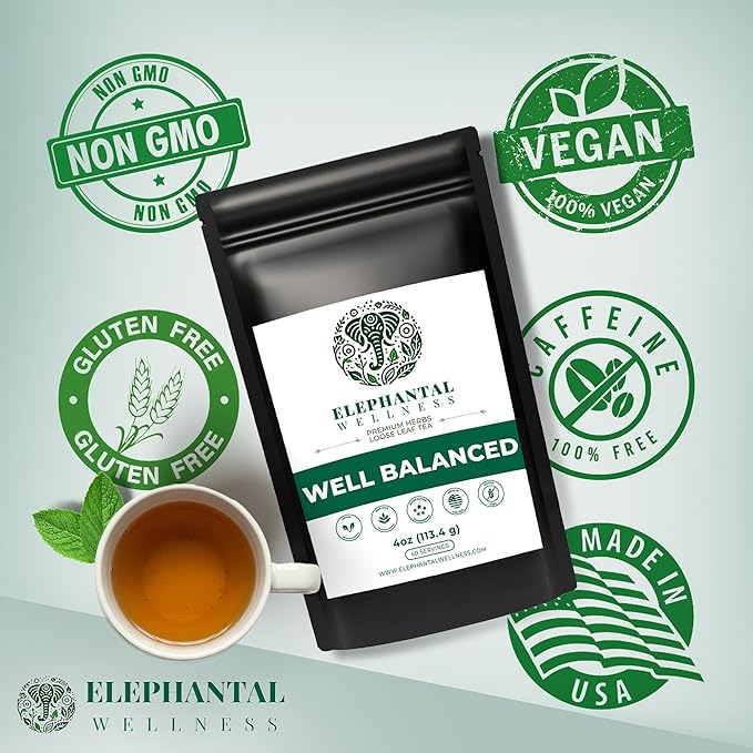 Elephantal Wellness Premium Well Balanced Herbal Tea | Healthy Cortisol, Adaptogenic Stress Energy Support with Ashwagandha, Goji, Reishi, Holy Basil & Lion’s Mane, Caffeine-Free, Non-GMO, 4 oz