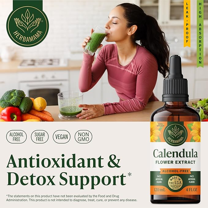 HERBAMAMA Calendula Tincture - Vegan Antioxidant & Detox Support with Calendula Herb Extract Drops - Non-GMO, Alcohol & Sugar-Free Liquid Supplement, 84-Day Supply