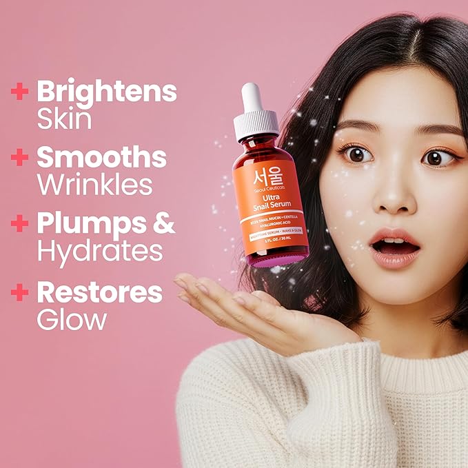 SeoulCeuticals Korean Skin Care 97.5% Snail Mucin Serum – K Beauty Skincare Anti Wrinkle Cica Night Serum Hyaluronic Acid for Face 1oz