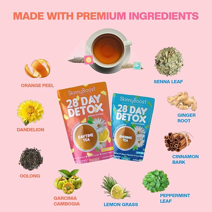 Skinny Boost Detox Tea Kit- 2 PACK –1 Daytime (28 Bags) + 1 Evening -(14 Bags) – Herbal Detox for Weight, Metabolism, Energy, Bloating & Colon Cleanse – Green Tea, Vegan, Keto, Non-GMO, Sugar-Free