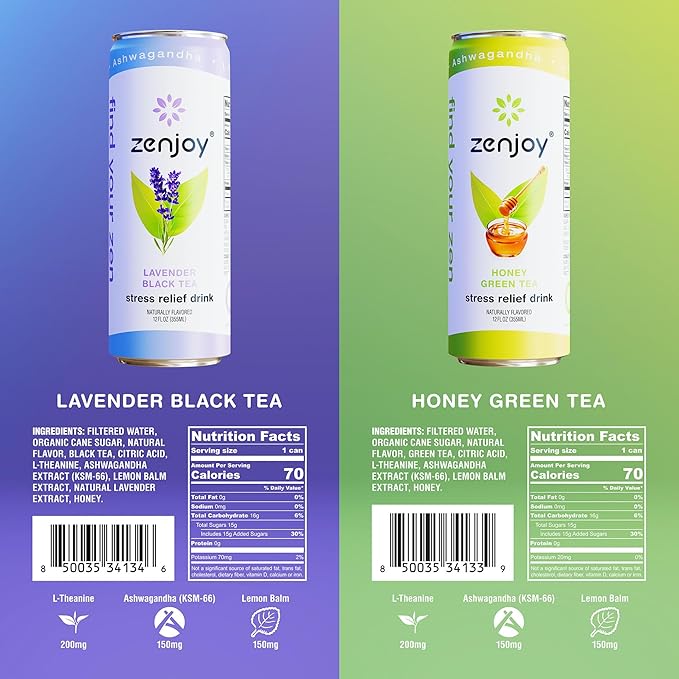 Zenjoy Stress Relief Drink, Calming Green Tea & Black Tea, Non Alcoholic, Ashwagandha & Lemon Balm for Stress Relief, L - Theanine (Variety) (12 Pack)