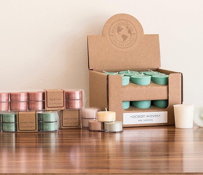 ECO CANDLE CO. Tea Light Candles, Vanilla Grapefruit, 10-Pack - Scents of Vanilla & Pink Grapefruit - Recyclable, 100% Soy Wax, No Lead, Hand Poured, Made from Midwest Grown Soybeans, .6 oz. Each