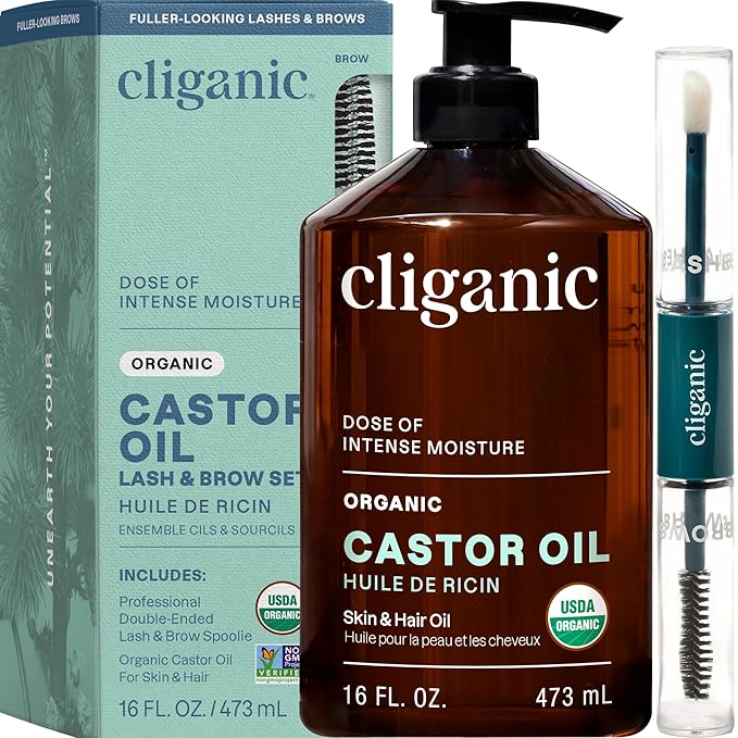 Cliganic Organic Castor Oil, 100% Pure (16oz with Eyelash Kit) - For Eyelashes, Eyebrows, Hair & Skin | Bulk, Natural Cold Pressed Unrefined Hexane-Free | DIY Carrier Oil