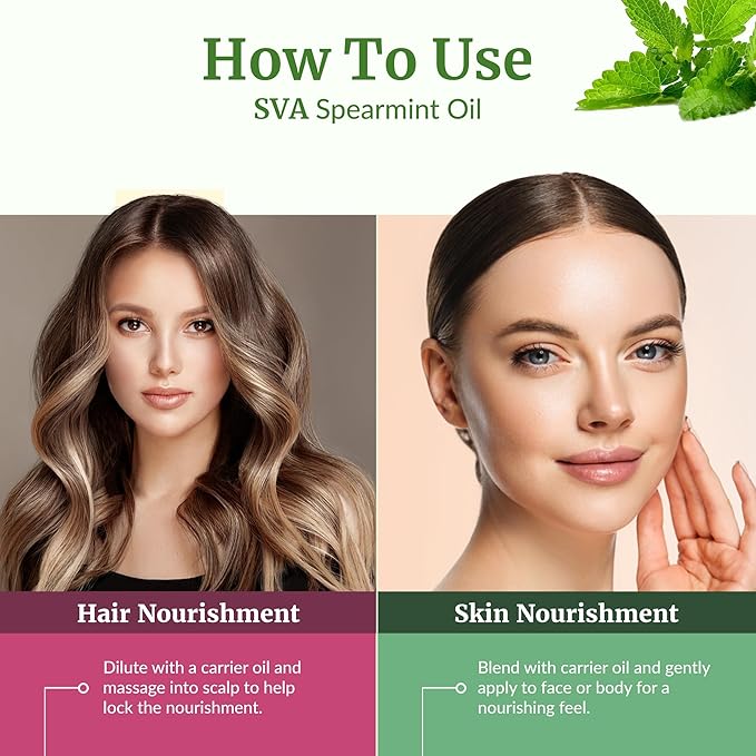 SVA Spearmint Essential Oil – 4 Fl Oz – 100% Natural Spearmint Oil - for Diffuser, Hair Care, Face, Skin Care, Aromatherapy, Scalp and Body Massage, Soap and Candle Making – with Dropper